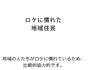 「ロケに慣れた地域住民」地域の人たちがロケに慣れているため、比較的協力的です。